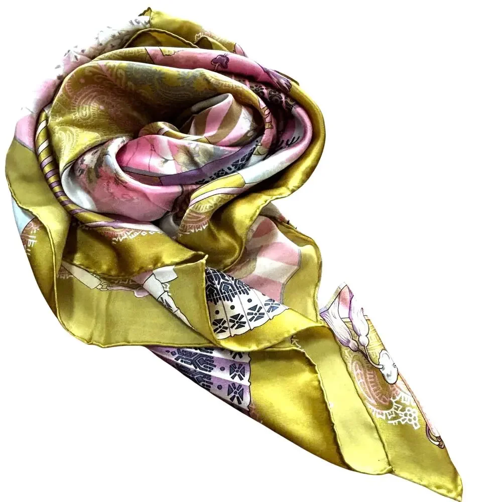 Pure silk scarf large square luxurious feel Asian fans motif sage green & pink